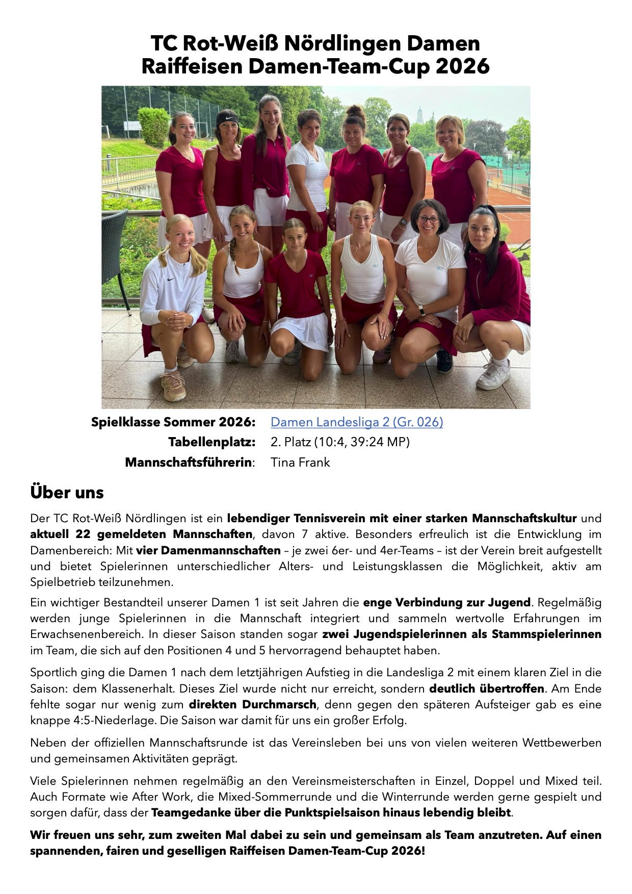 Mannschaftsportrait TC Rot-Weiß Nördlingen Damen